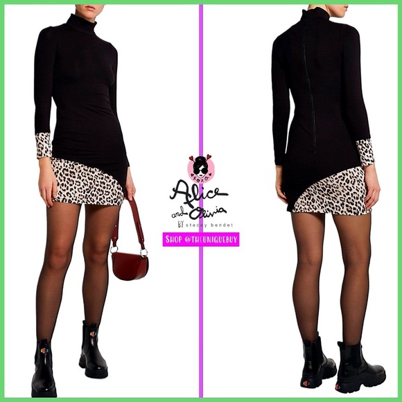 Alice + Olivia Delora Black White Turtleneck Leopard Patchwork Mini Dress - Picture 14 of 16
